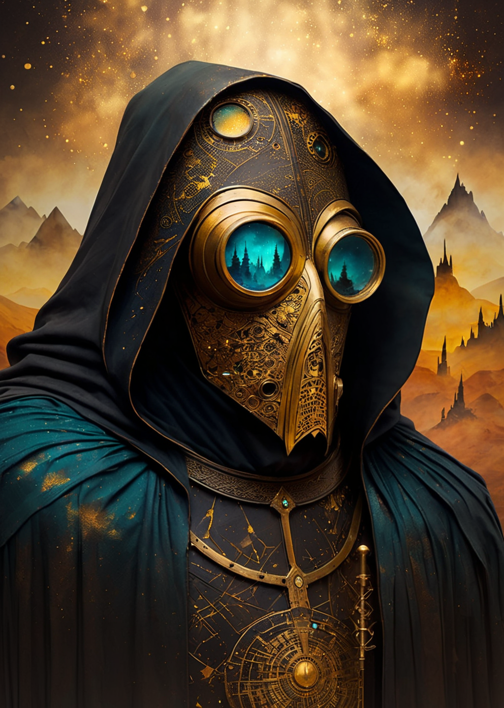 00734-2115566013-Azem the Traveler in Andy Kehoe style, cloaked and masked, yearning to explore. Gradient mastery, ink, gold leaf, and alcohol in.png